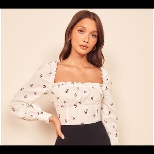 Reformation White Floral Linen Top